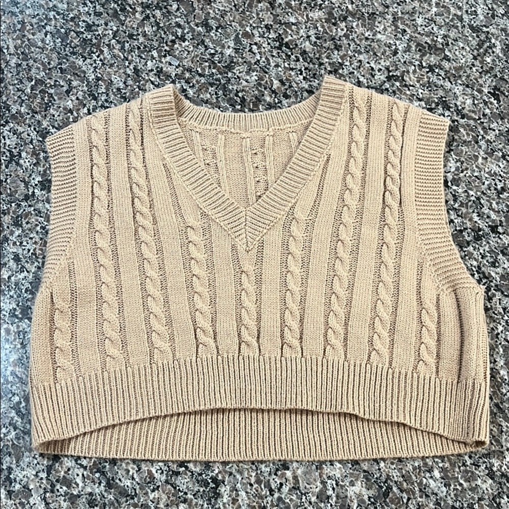 Tan Cable Knit Sleeveless Sweater Vest
